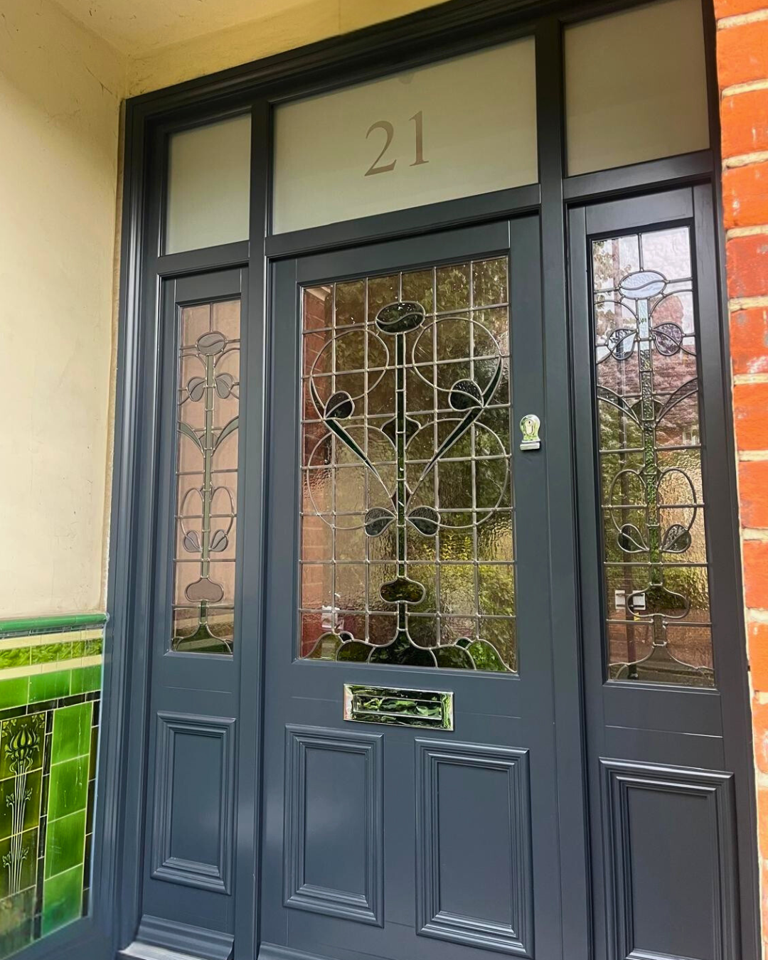 Blue grey timber front door with custom encapsulated stained glass and chrome furniture (Harewood Grey)