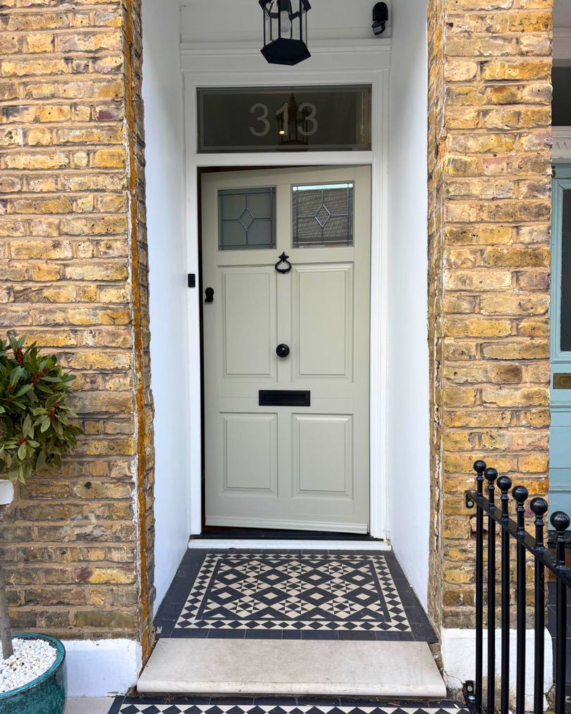 Timber front door townhouse style with toplight in french grey and sandblasted glass