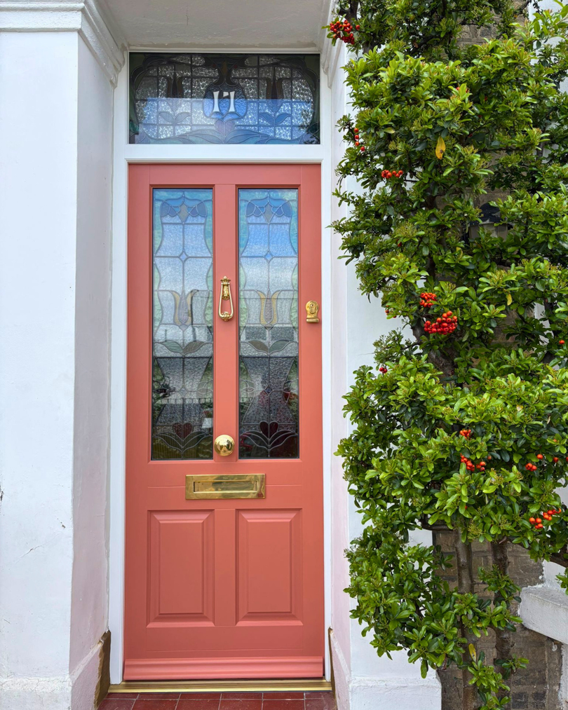 pink front door with custom encapsulated stained glass, timber, Farrow & Ball Red Earth